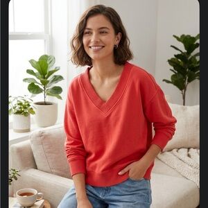 Aerie Cozy V-Neck Sweater in Coral Red